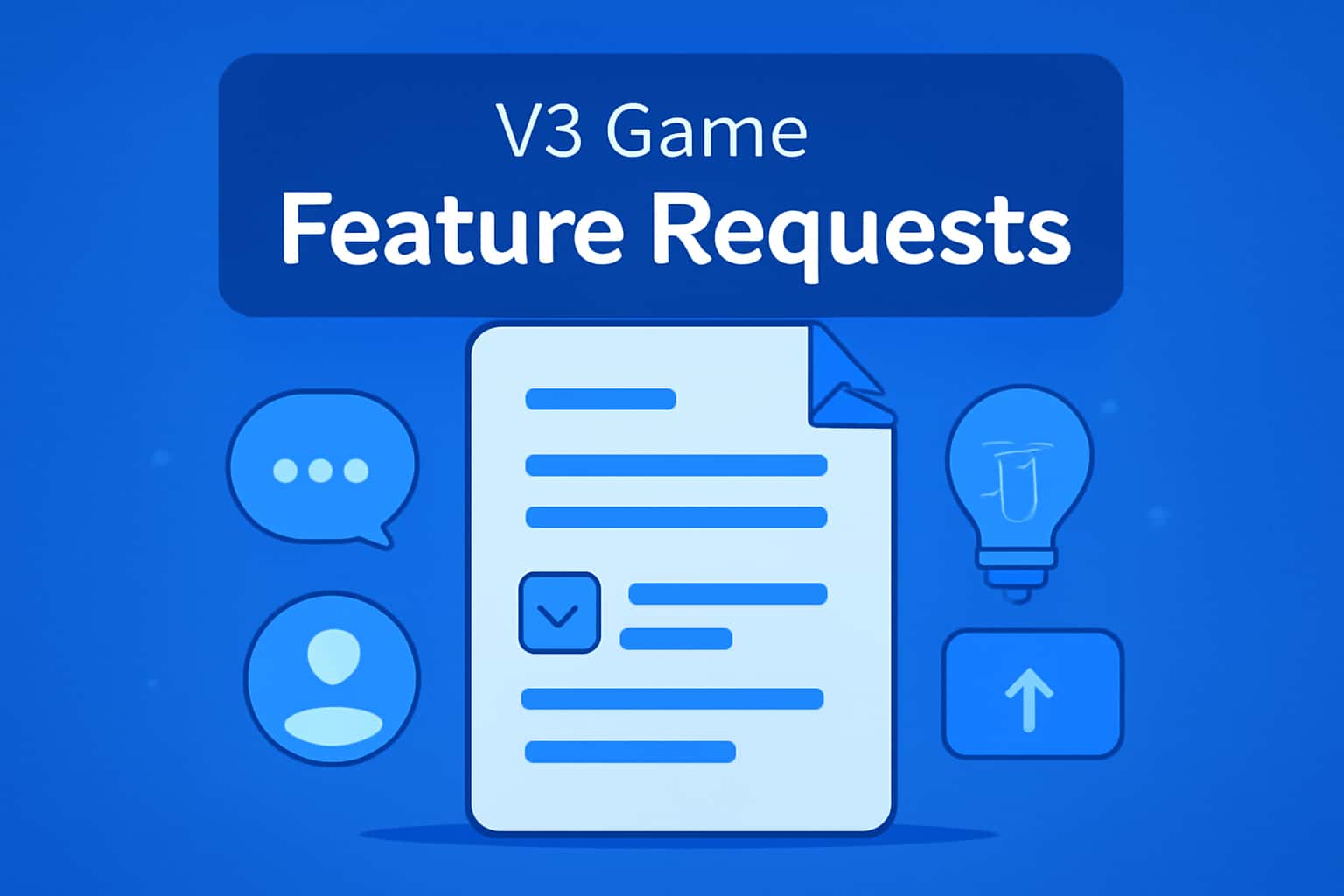 An informational scene depicting feature requests for V3 Game with futuristic design elements.